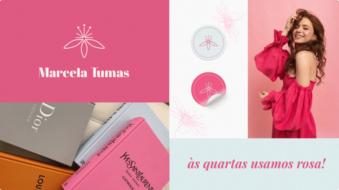 Imagem com vários exemplos de aplicação da identiadade vsual da marca de roupas Marcela Tumas. O logotipo da marca inclui uma flor minimalista de maracujá e a tipografia é grossa e impactante.