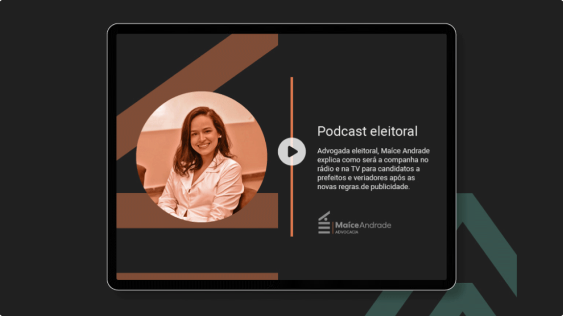 Foto mostra um modelo de capa de podcast com a identidade visual criada para a empresa Maíce Andrade Advocacia